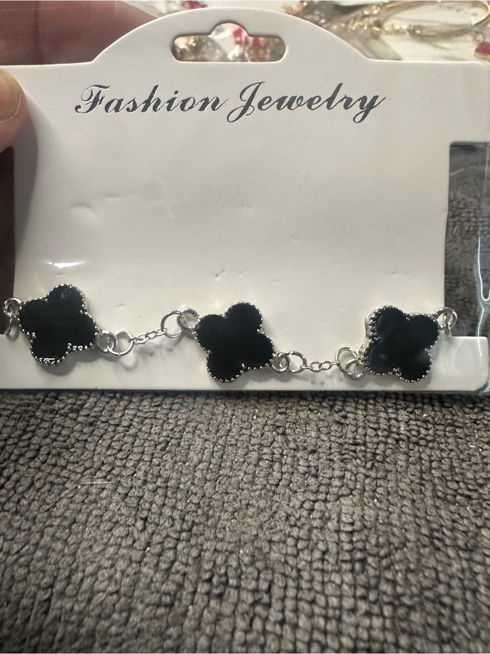 Fashion Jewelry Black Clover Link Bracelet with Silver-Tone Accents